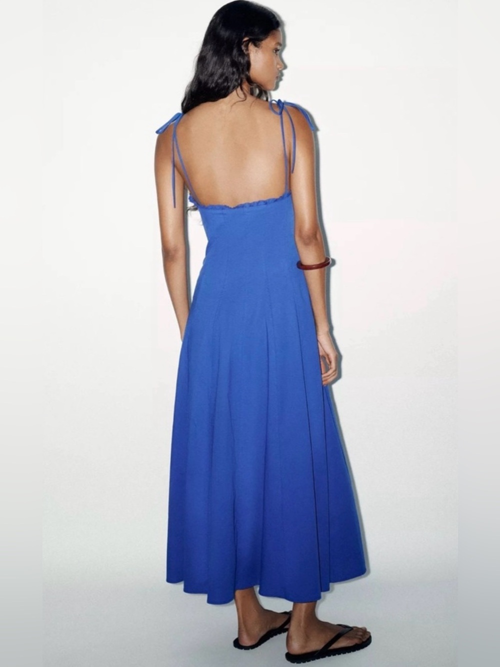 Zara Poplin Strappy Midi Dress V-Neck Ruffles Cornflower Blue Small NWT - Picture 5 of 16